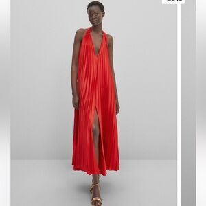 Massimo Dutti Pleated V-Neck Red Dress Size Small